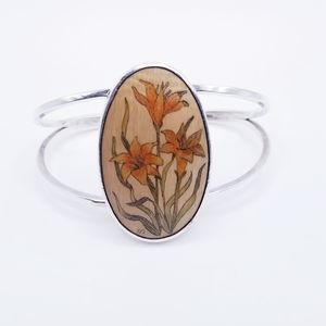 Vintage Sterling Silver Hand Carved & Painted Orange Lily Cuff Bracelet 925